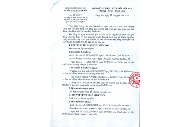 V/v đăng tải danh mục tài liệu ôn tập phục vụ xét tuyển viên chức giáo viên huyện Nông Sơn